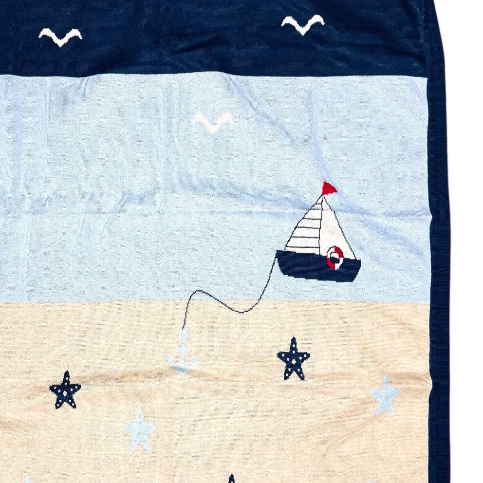 Ocean Sailboat - Organic Cotton Jacquard Knit Baby Blanket: Viverano