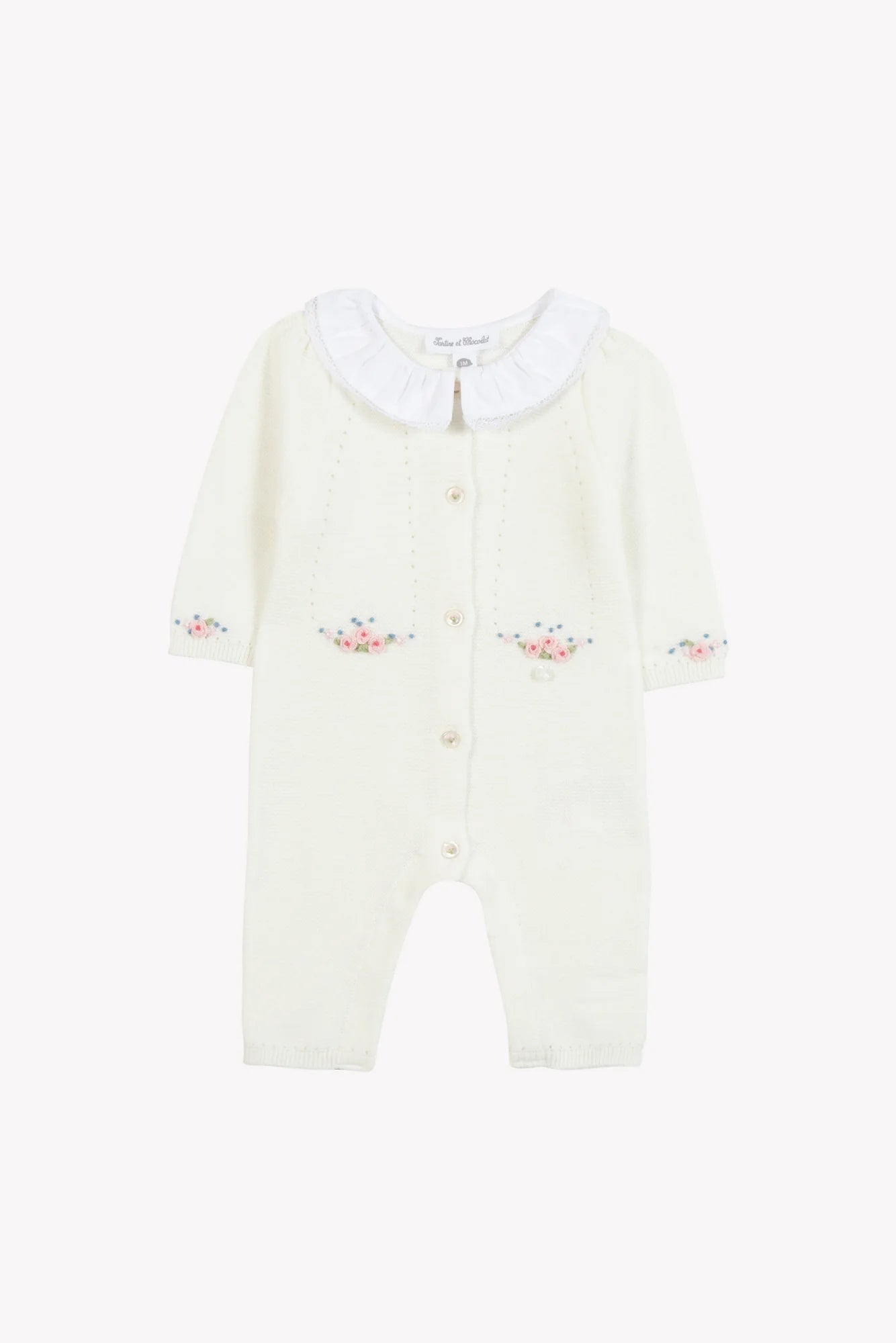 Knit Romper Ruffle Collar w Floral Emb Detail-Tartine et Chocolat SP26