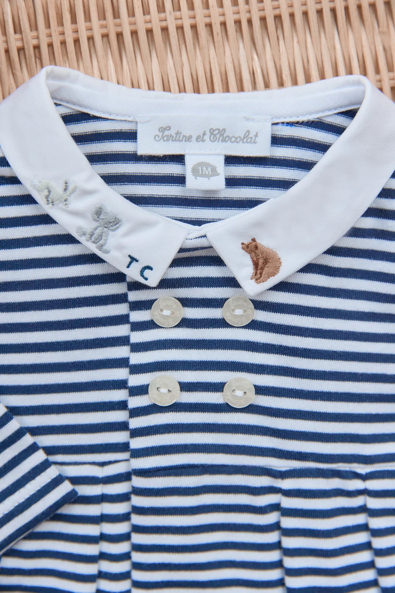 Striped Footie w Animal Emb Collar-Tartine et Chocolat SP26