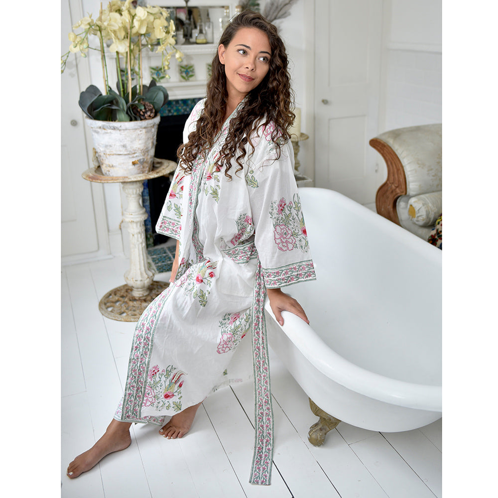 Pink+Green Floral Block Print Dressing Gown - Powell Craft Pink+Green Floral Block Print Dressing Gown - Powell Craft