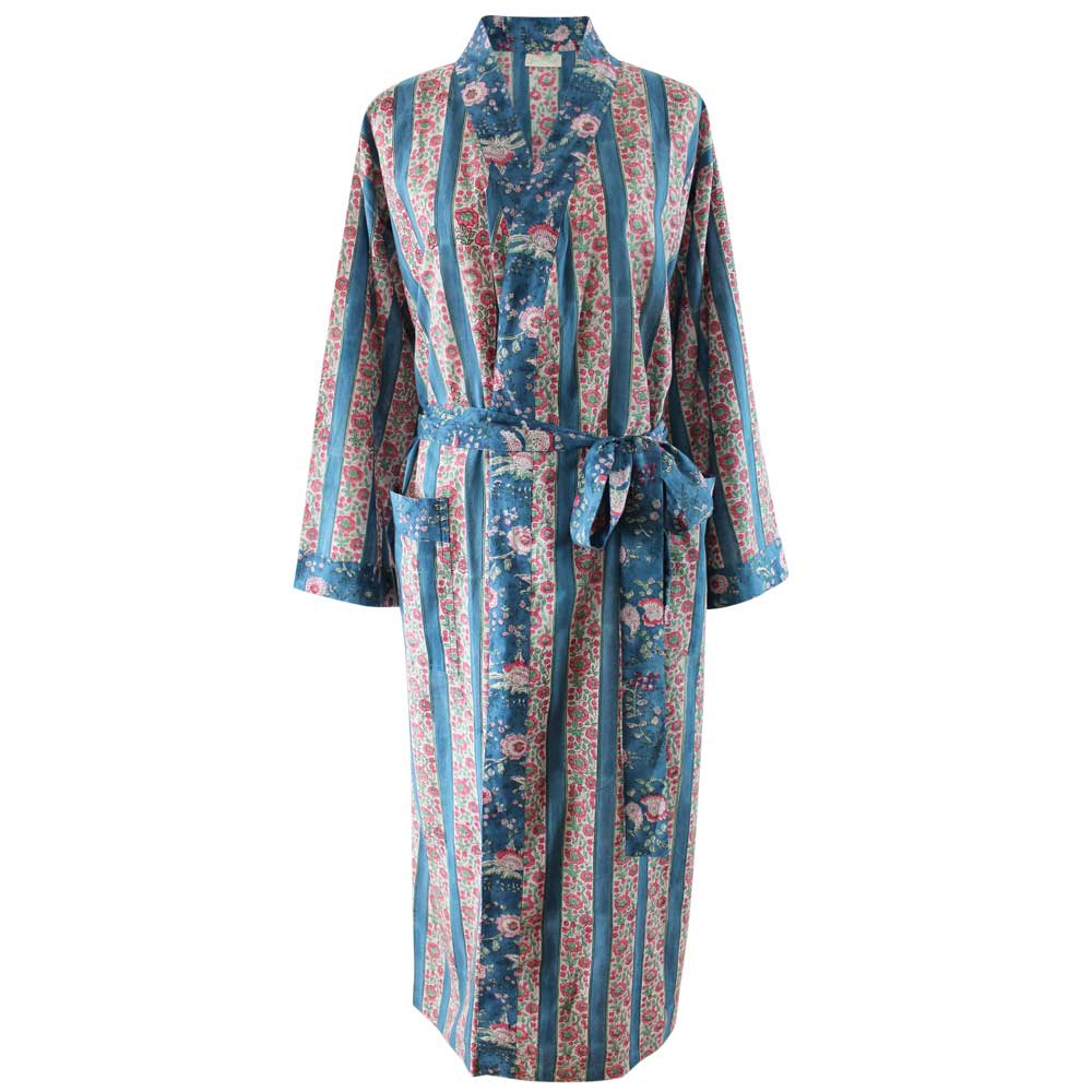 Inky Blue Floral & Stripe Dressing Gown - Powell Craft Mudpie San Francisco Inky Blue Floral & Stripe Dressing Gown - Powell Craft Mudpie San Francisco