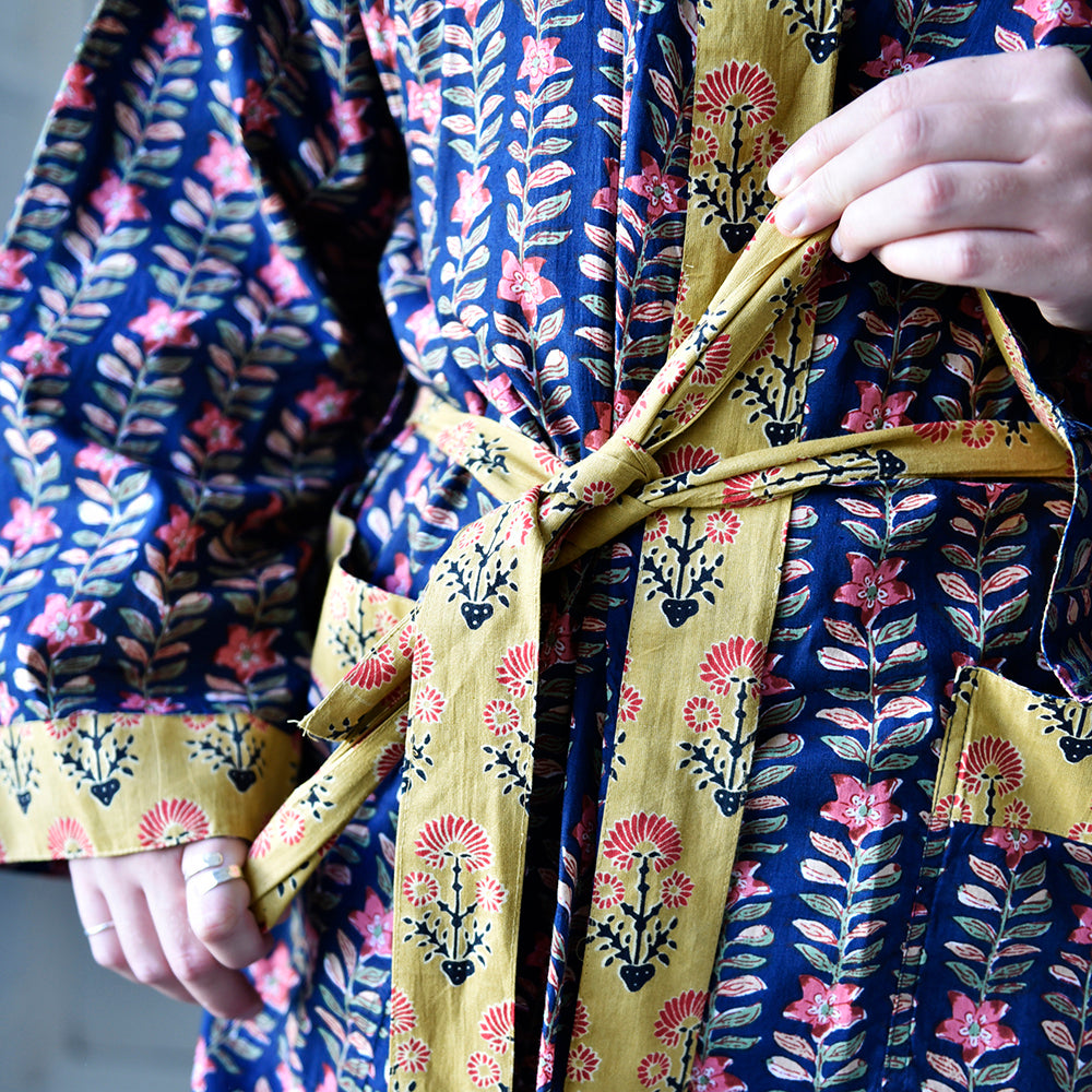 Navy Vertical Lily Dressing Gown - Powell Craft