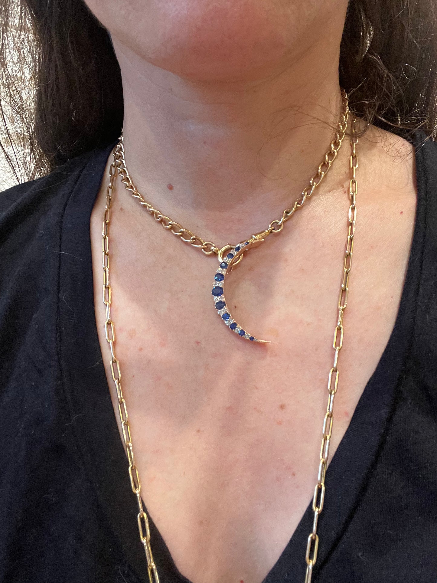 Victorian 14k Sapphire & Diamond Crescent