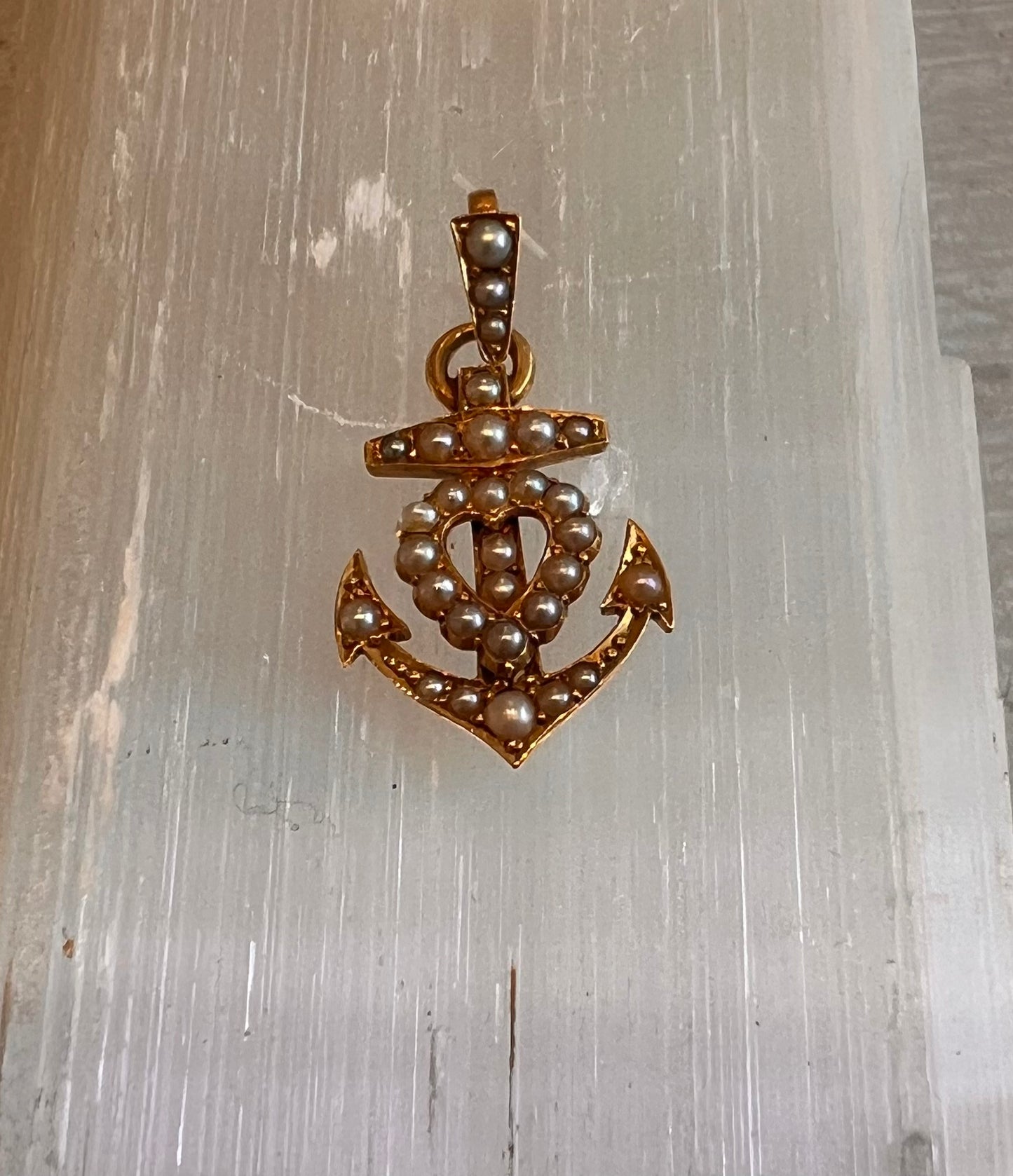18k Seed Pearl Anchor Heart Pendant