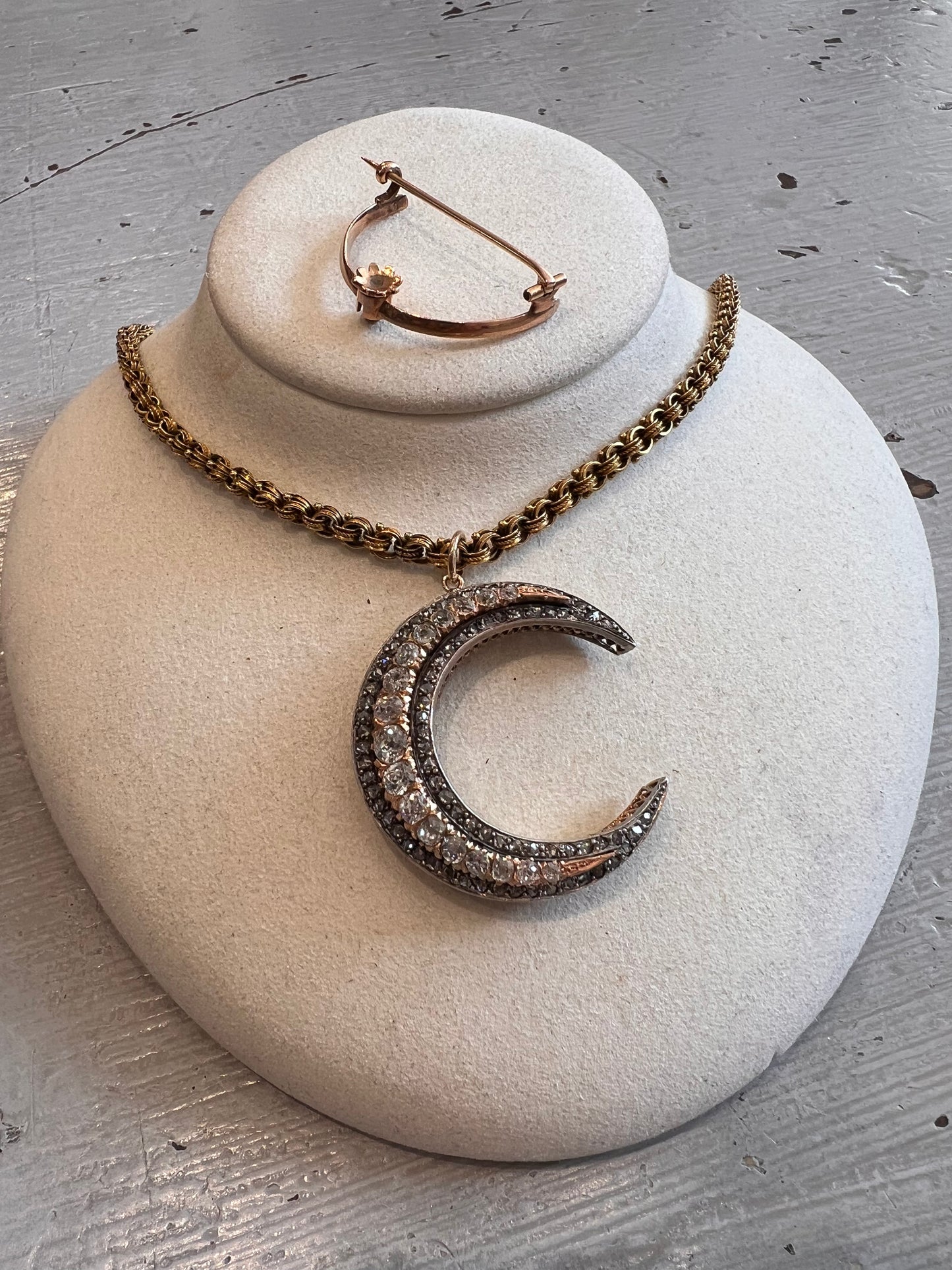 18K Antique Crescent Pendant/Brooch with Old Cut Diamonds