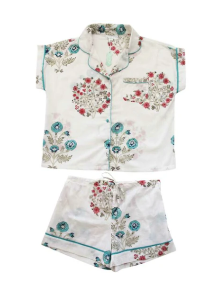 Blue + Pink Floral Block Print Short Pajamas - Powell Craft