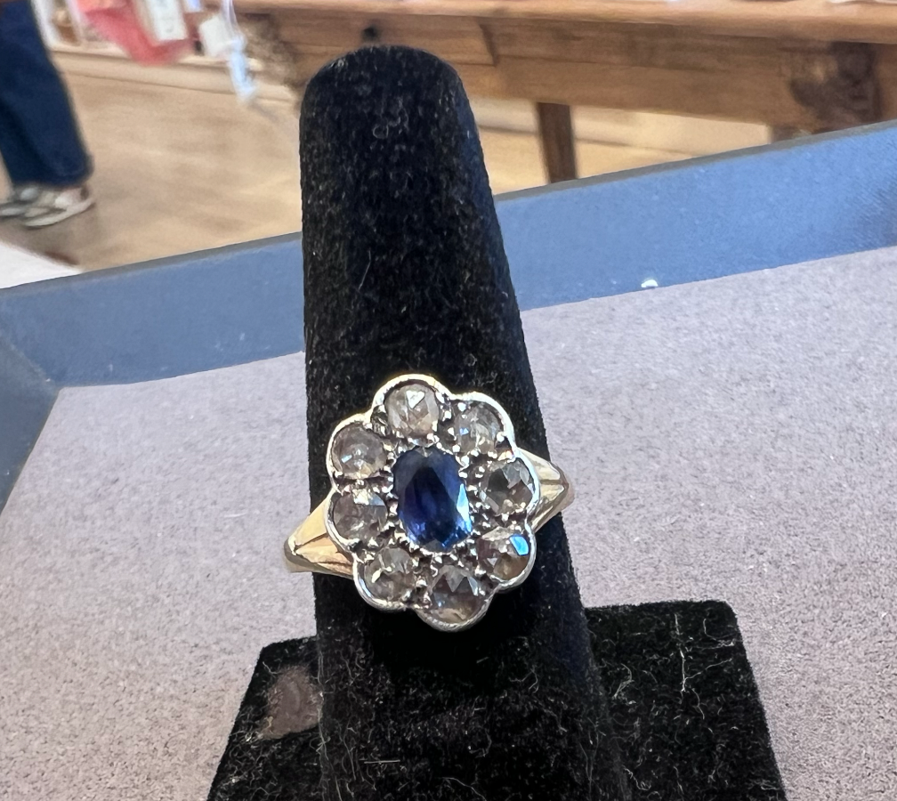 Antique Sapphire and Rose Cut Diamond Flower Ring