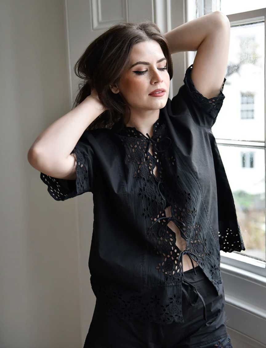 Black Short Sleeve Tie Front Short Set PJs - Powell Craft