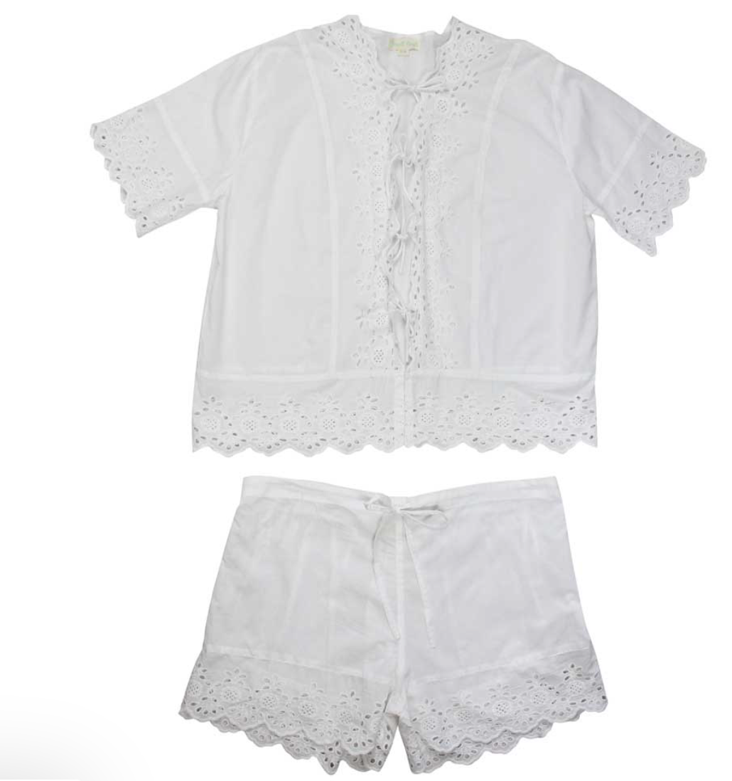 White Short Sleeve Tie Front Short Set PJs - Powell Craft