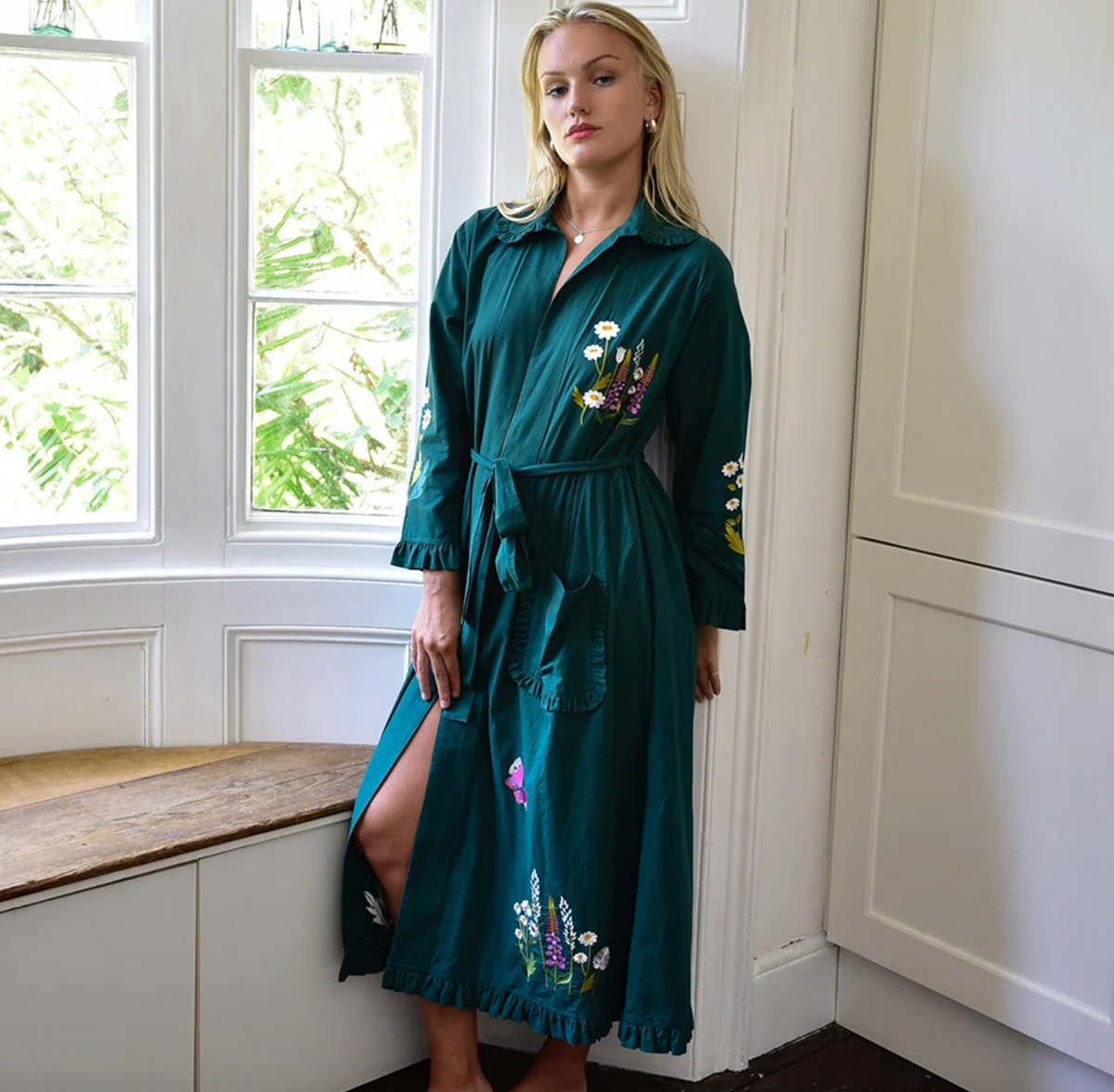 Flower Embroidered Forest Green Cotton Dressing Gown - Powell Craft