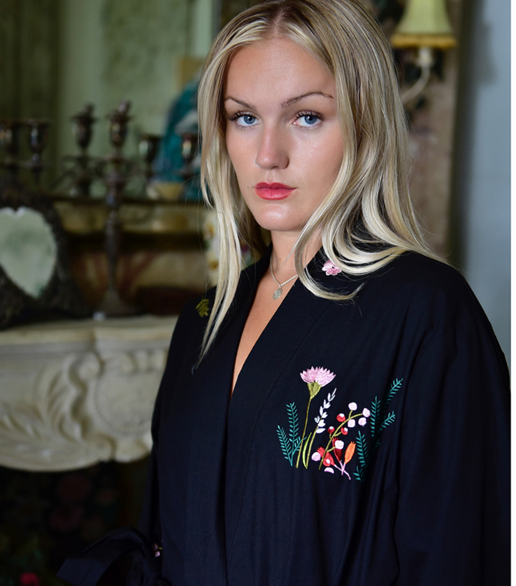 Flower Embroidered Black Cotton Dressing Gown - Powell Craft