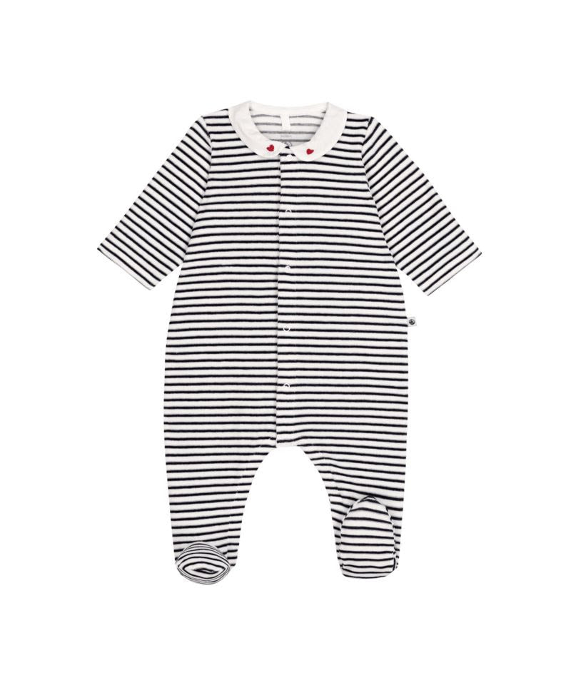 Velour Front Snap Stripe Footie With Collar - Petit Bateau FW26
