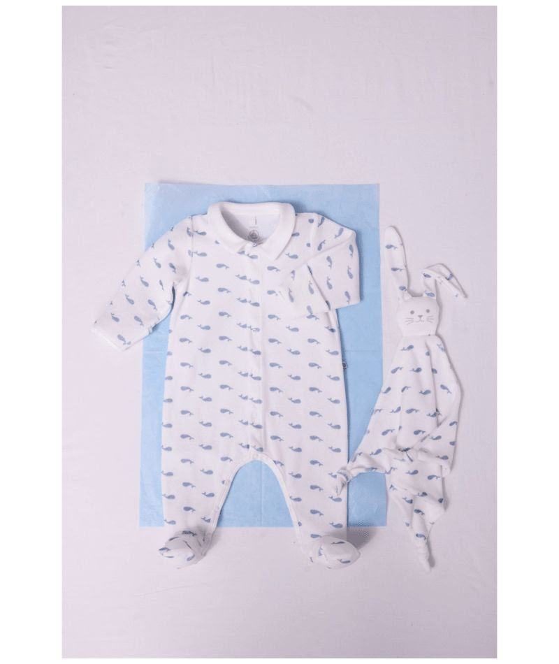 Velour Front Snap Whale Footie With Collar - Petit Bateau FW26