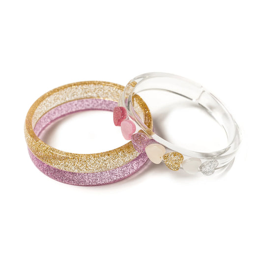Gold and Pink Glitter Heart Bangles (Set of 3) - Lilies and Roses