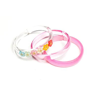 Pearl and Pink Flower Bangles (Set of 3) - Lilies and Roses