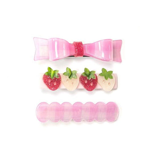 Pink Checked Bow + Strawberries Alligator Clips (Set of 3) - Lilies and Roses