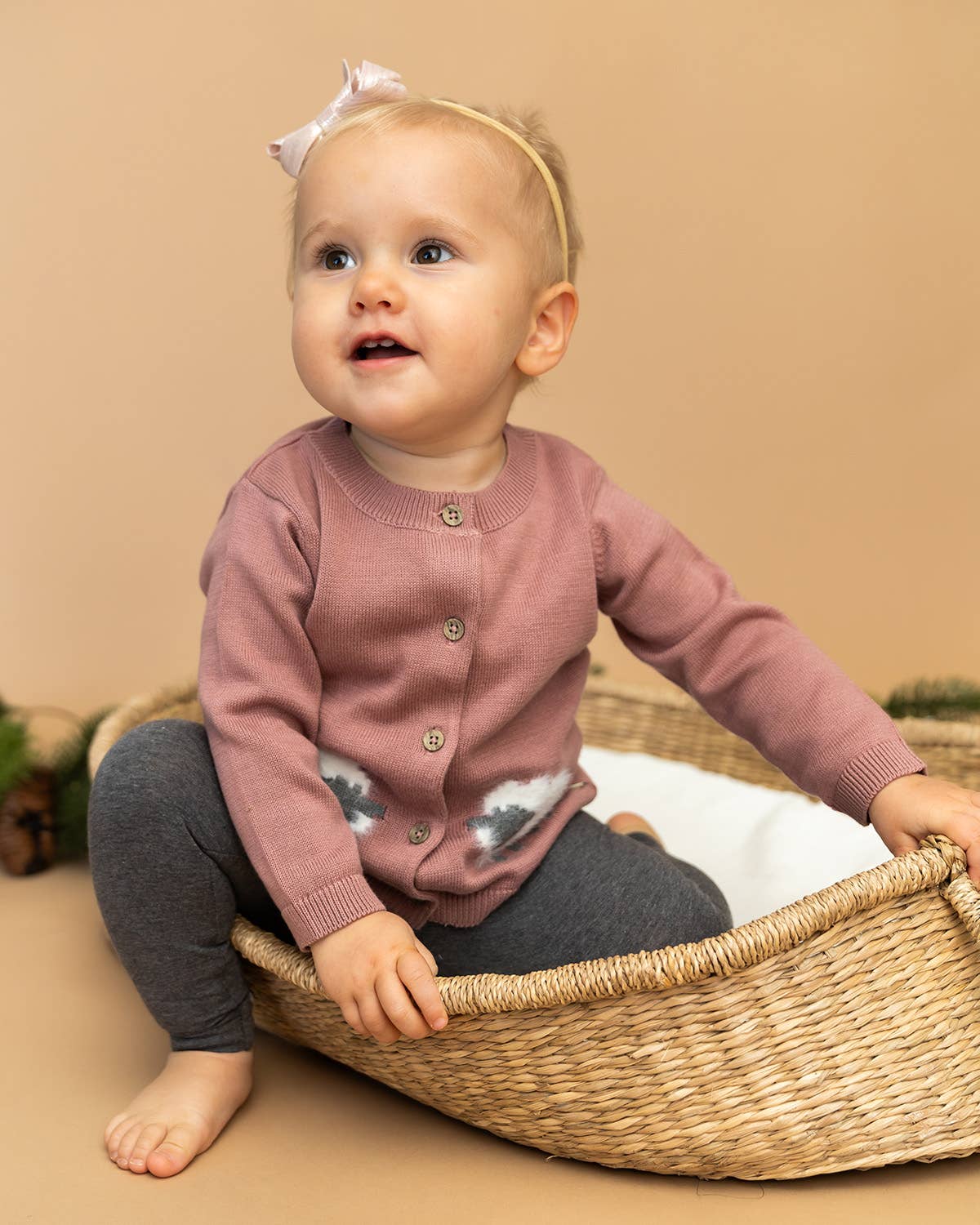 Lamb Jacquard Knit Baby Cardigan Sweater (Organic Cotton): Vintage Rose / 3-6M