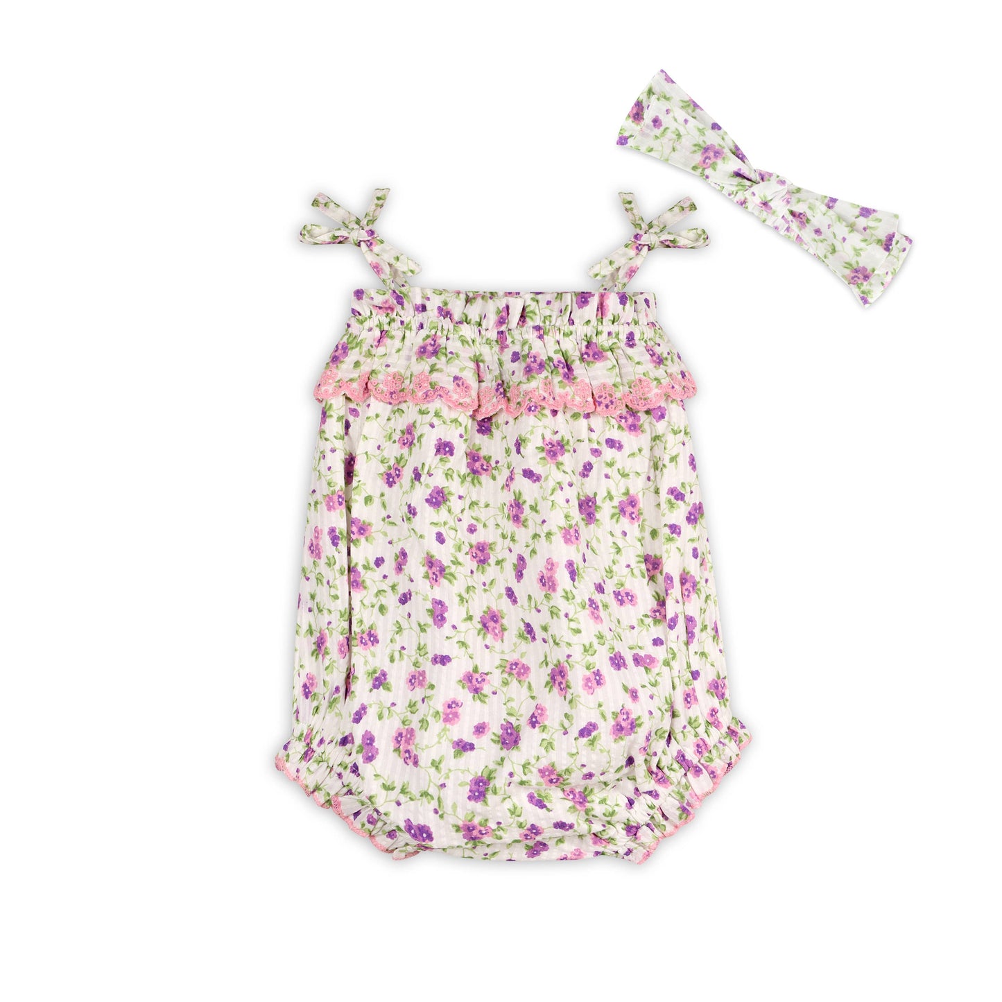 Camila Embroidered Seersucker Romper + Headband (Organic):Viverano