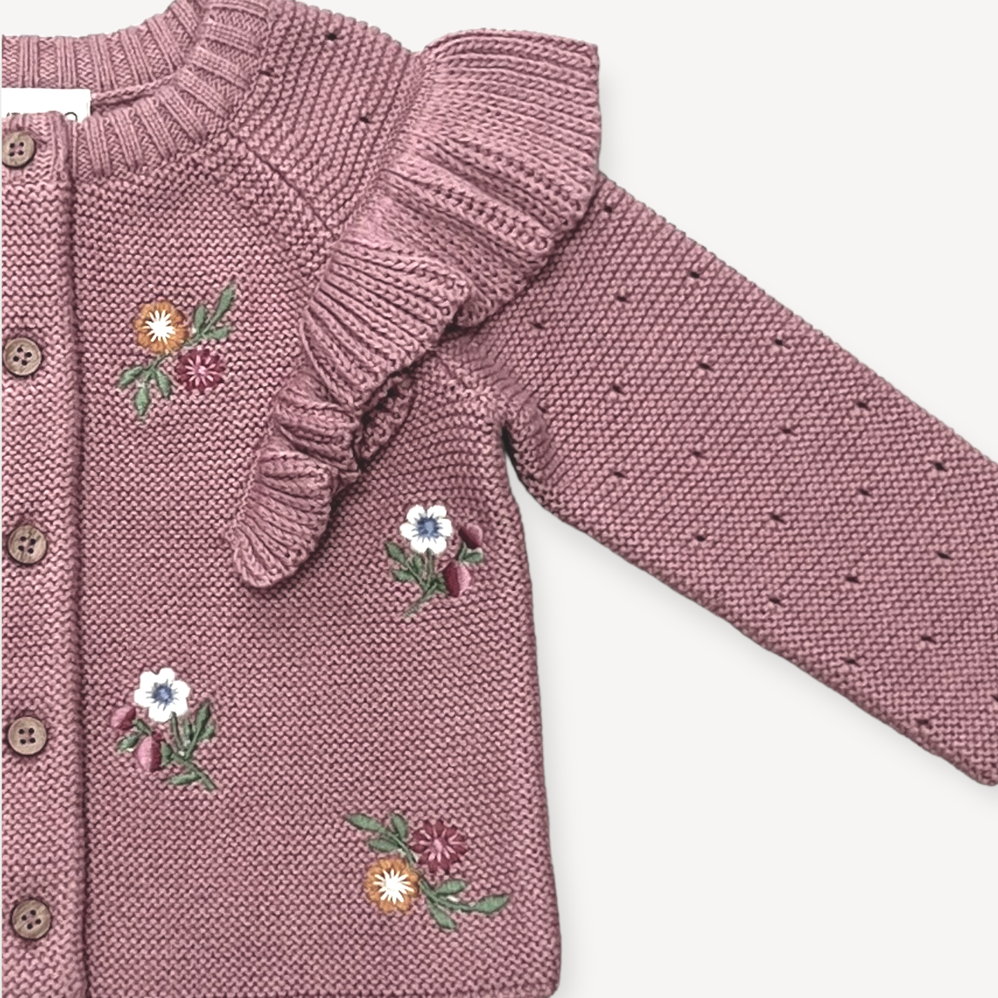 Floral Embroidered Ruffle Chunky Knit Baby Cardigan- Organic:Viverano