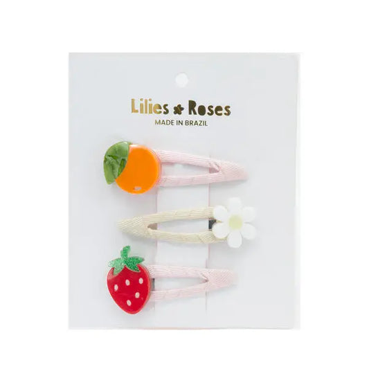 Tangerine+Strawberry Snap Clips (Set of 3) - Lilies and Roses