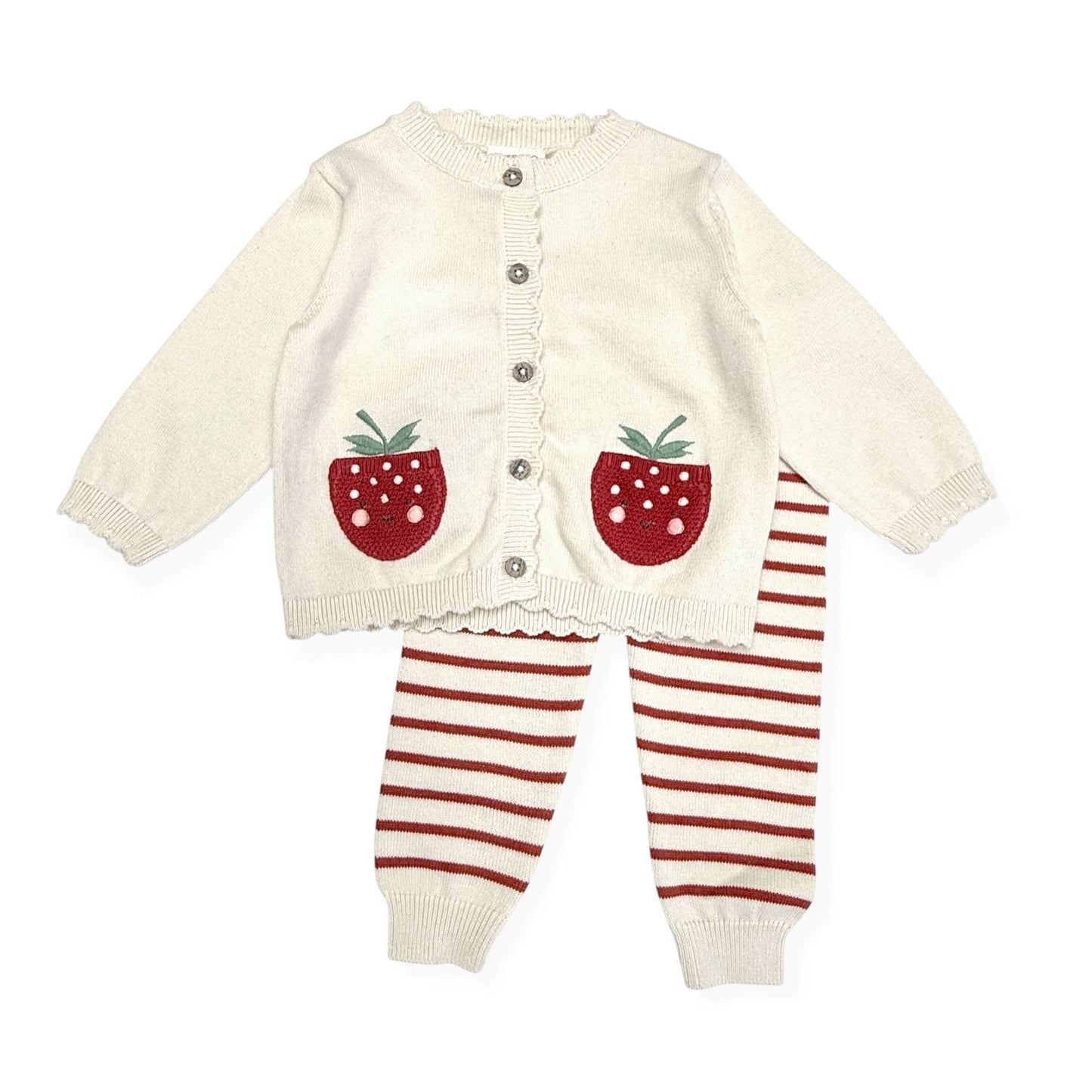 Strawberry Embroidered Pocket Baby Cardigan & Pants -Organic: