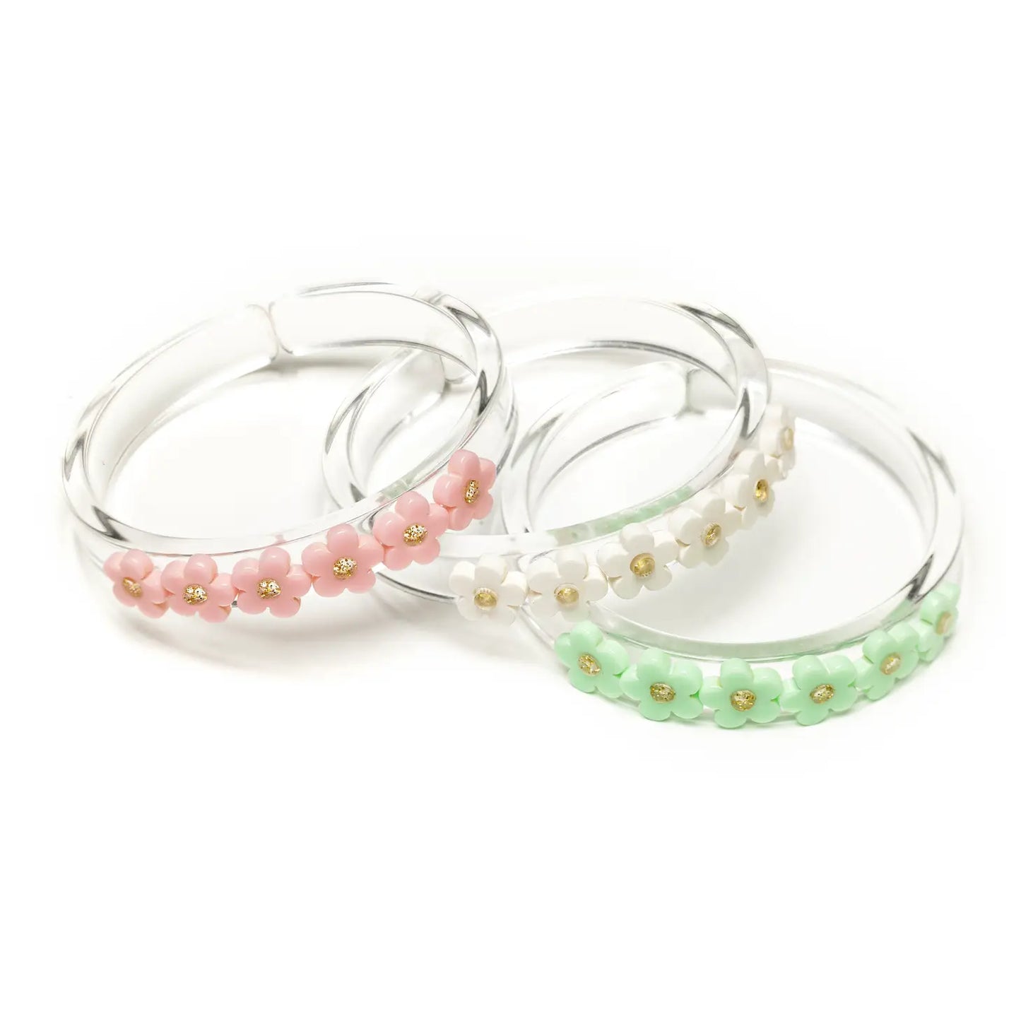 Green/Pink/Off-White Flower Bangles (Set of 3) - Lilies and Roses