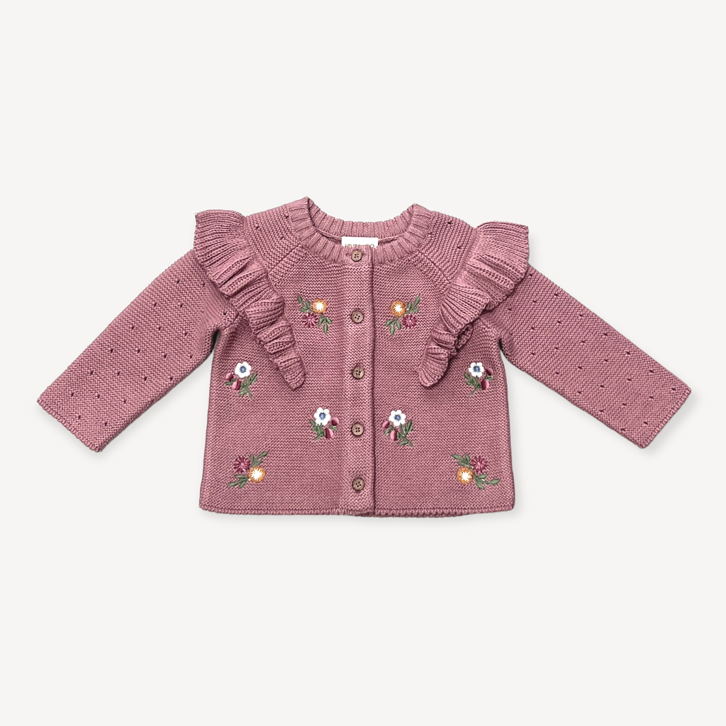 Floral Embroidered Ruffle Chunky Knit Baby Cardigan- Organic:Viverano