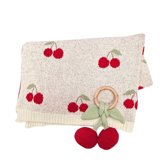 Cherry Blanket & Rattle - Organic Jacquard Knit Baby Blanket