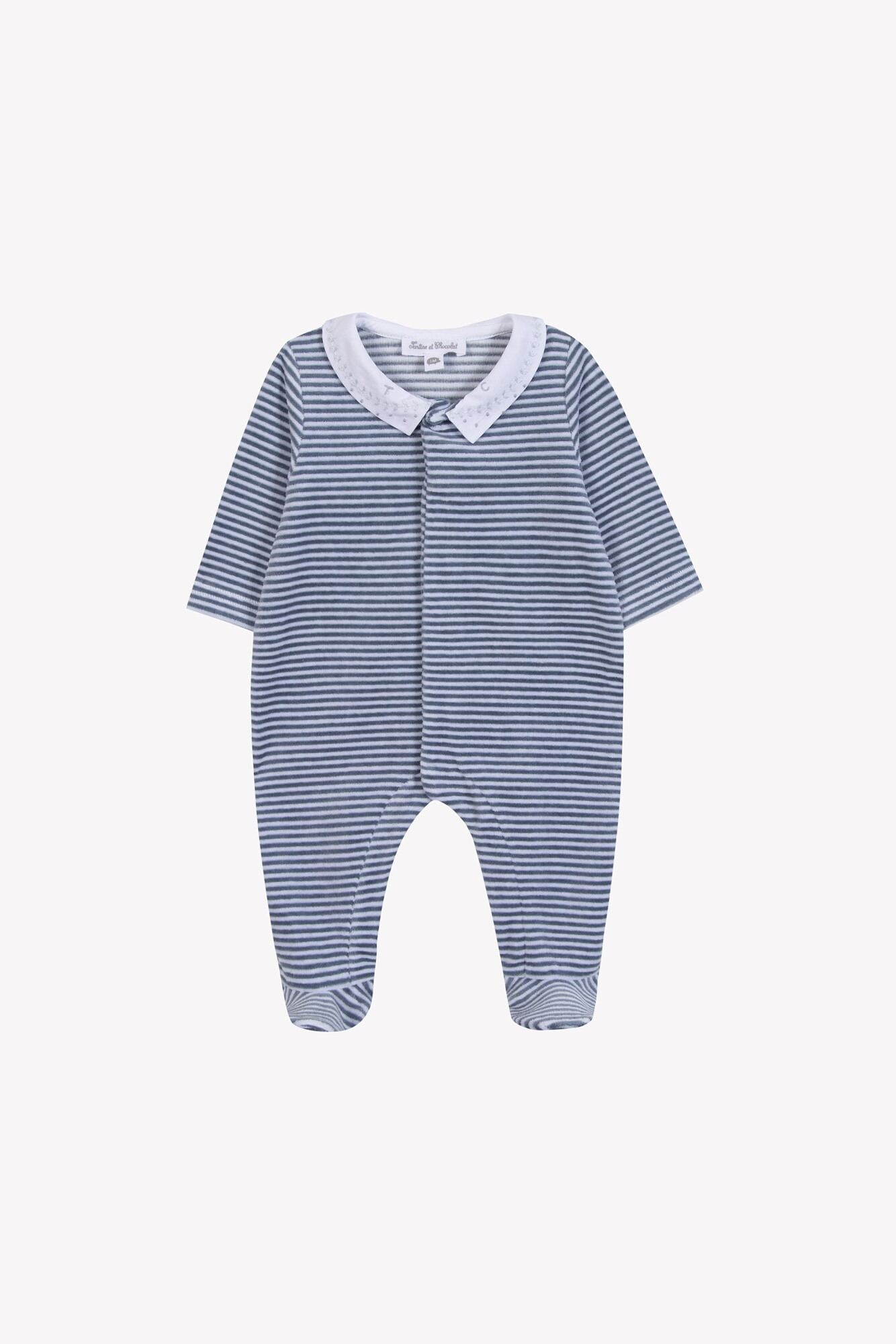 Striped Velour Footie w Emb Collar-Tartine et Chocolat FW25