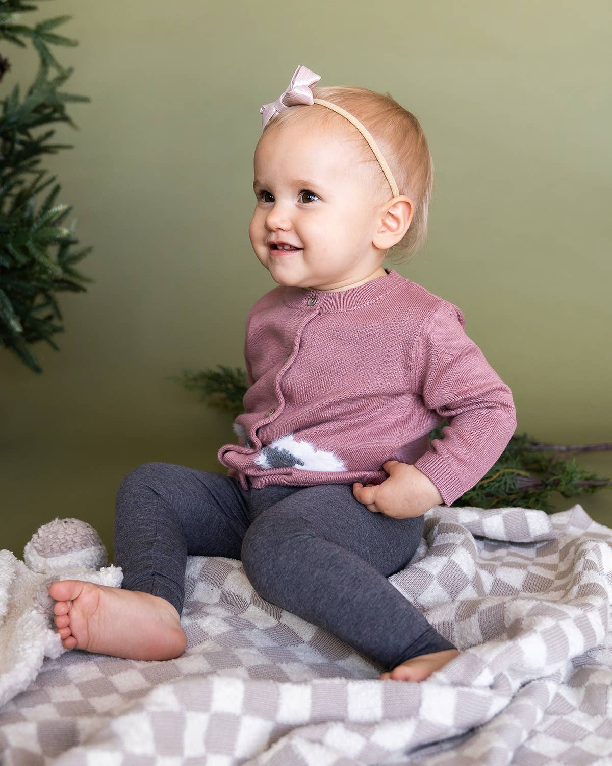 Lamb Jacquard Knit Baby Cardigan Sweater (Organic Cotton): Vintage Rose / 3-6M