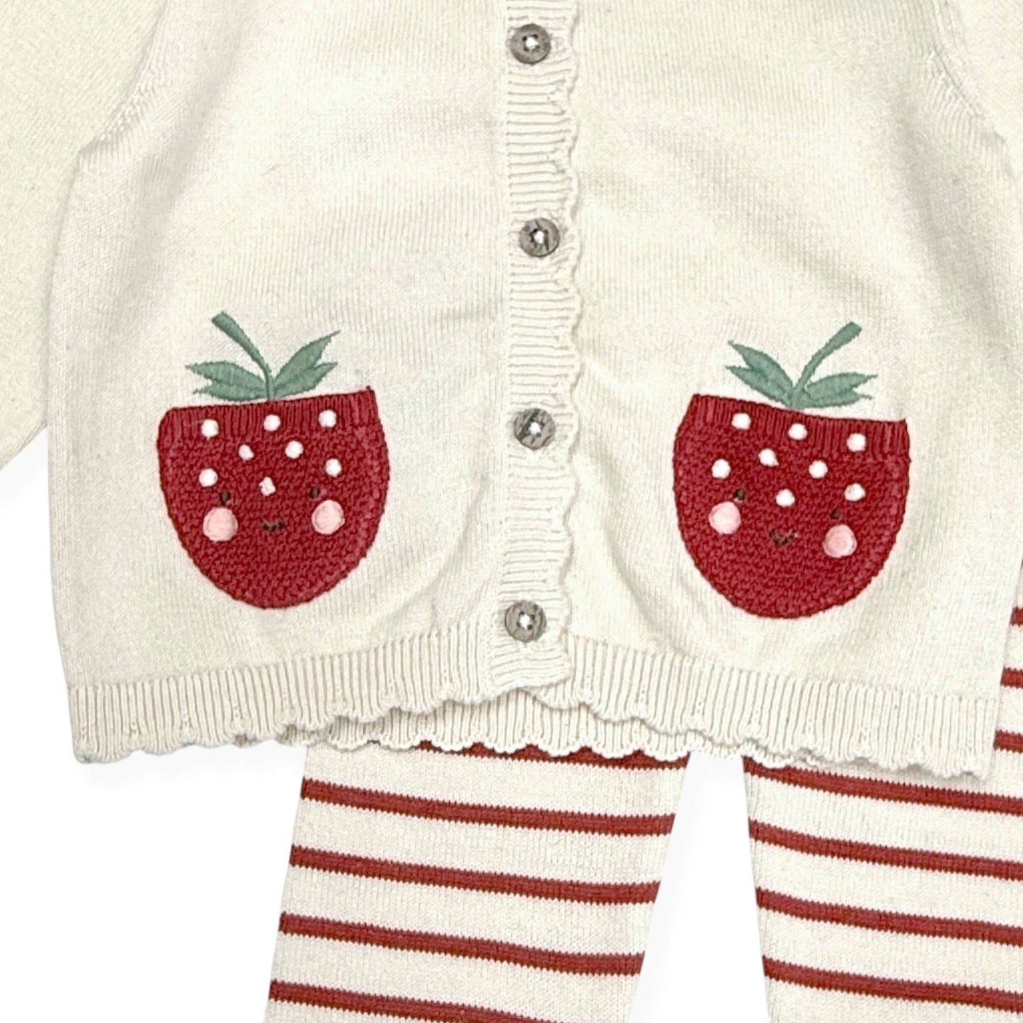 Strawberry Embroidered Pocket Baby Cardigan & Pants -Organic: