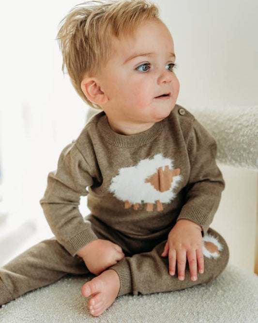 Sheep Jacquard Knit Baby Pullover & Pant SET Organic Cotton: