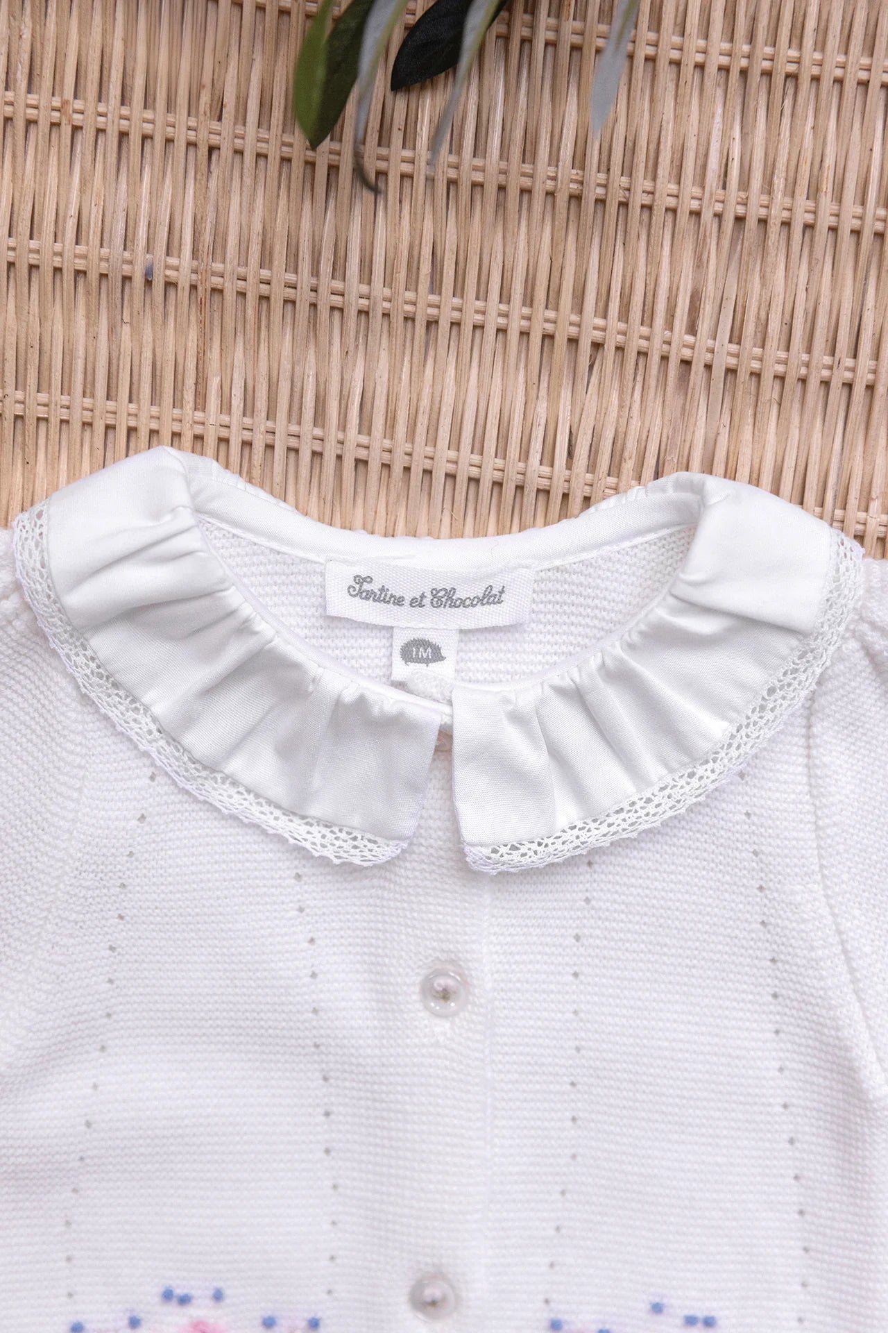 Knit Romper Ruffle Collar w Floral Emb Detail-Tartine et Chocolat SP26