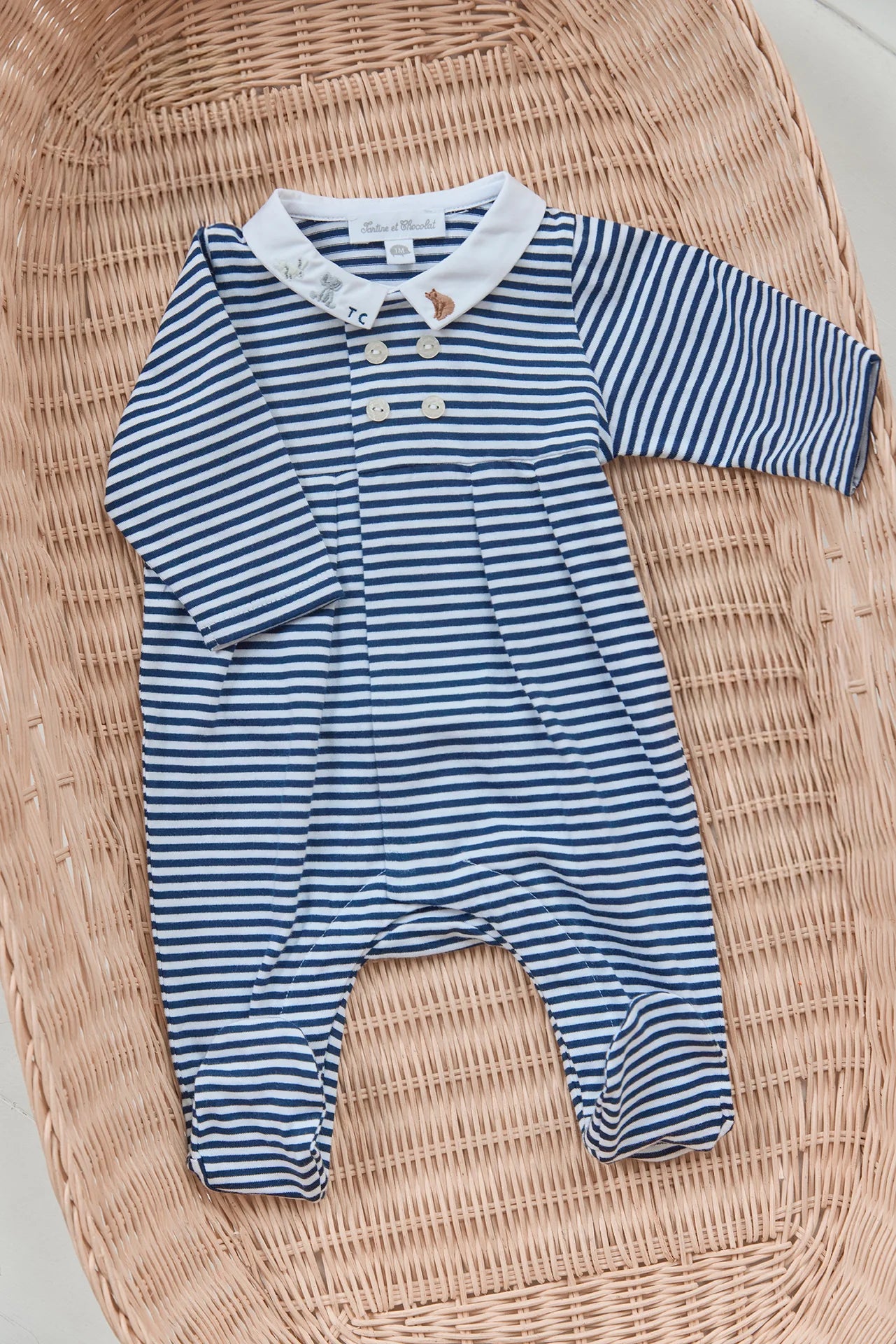 Striped Footie w Animal Emb Collar-Tartine et Chocolat SP26