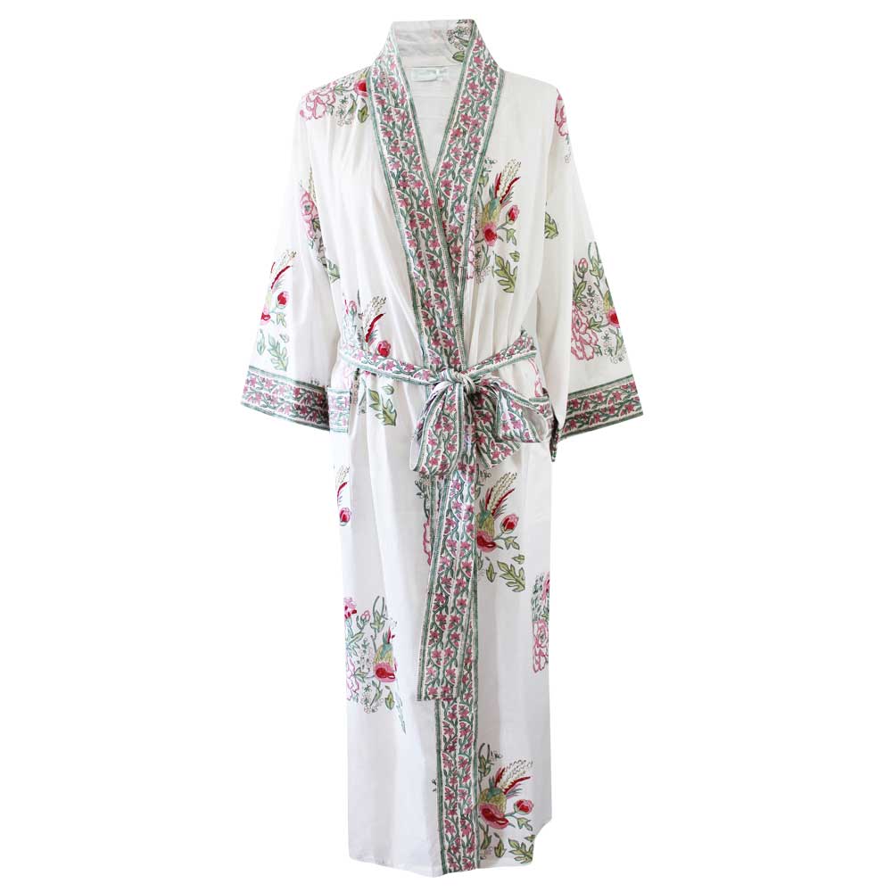Pink+Green Floral Block Print Dressing Gown - Powell Craft Pink+Green Floral Block Print Dressing Gown - Powell Craft