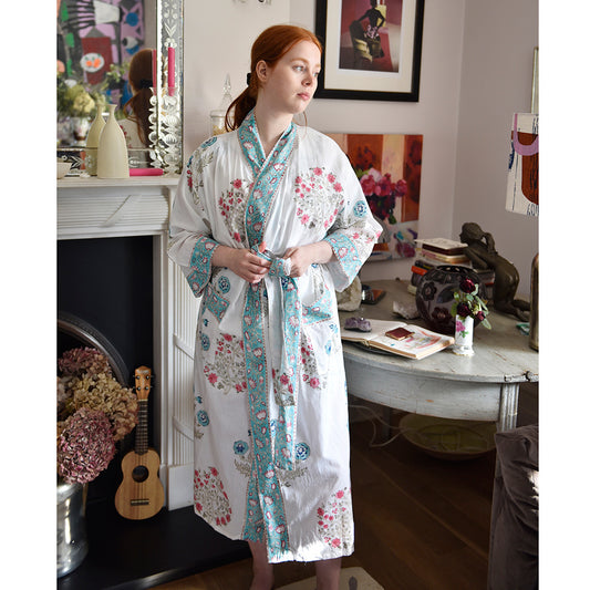 Blue+Pink Floral Block Print Dressing Gown - Powell Craft