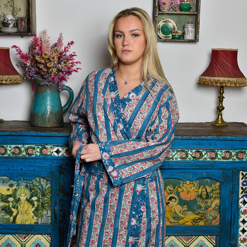 Inky Blue Floral & Stripe Dressing Gown - Powell Craft Mudpie San Francisco Inky Blue Floral & Stripe Dressing Gown - Powell Craft Mudpie San Francisco