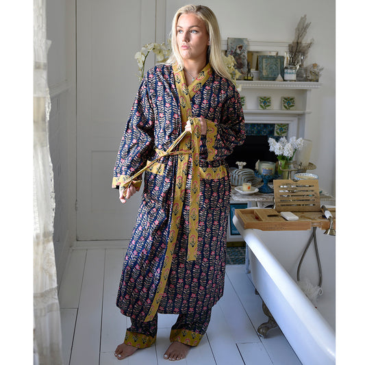 Navy Vertical Lily  Dressing Gown - Powell Craft