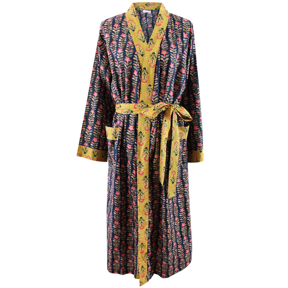 Navy Vertical Lily  Dressing Gown - Powell Craft