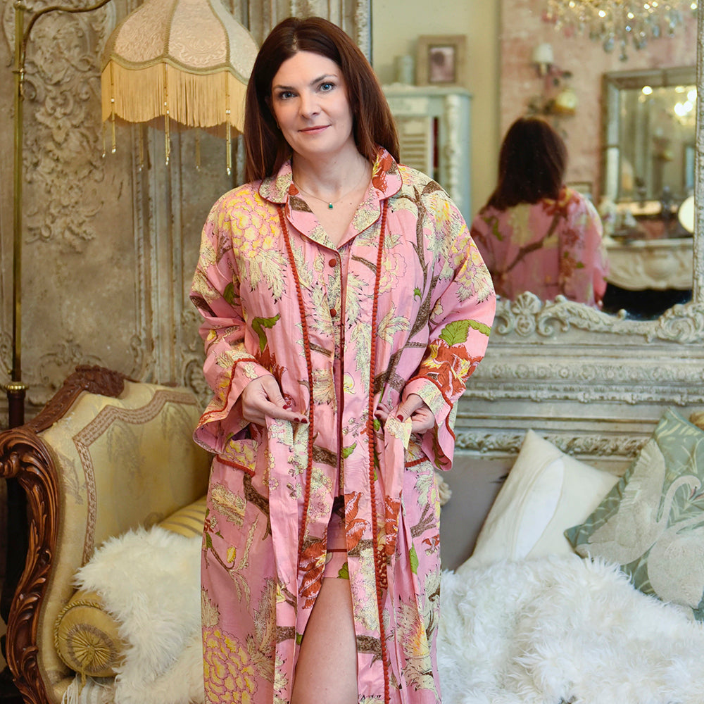 Pink & Burnt Orange  Botanical Dressing Gown - Powell Craft
