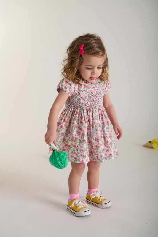 Hilary SS Smocked Pink Floral Dress - Question Everything Sp26