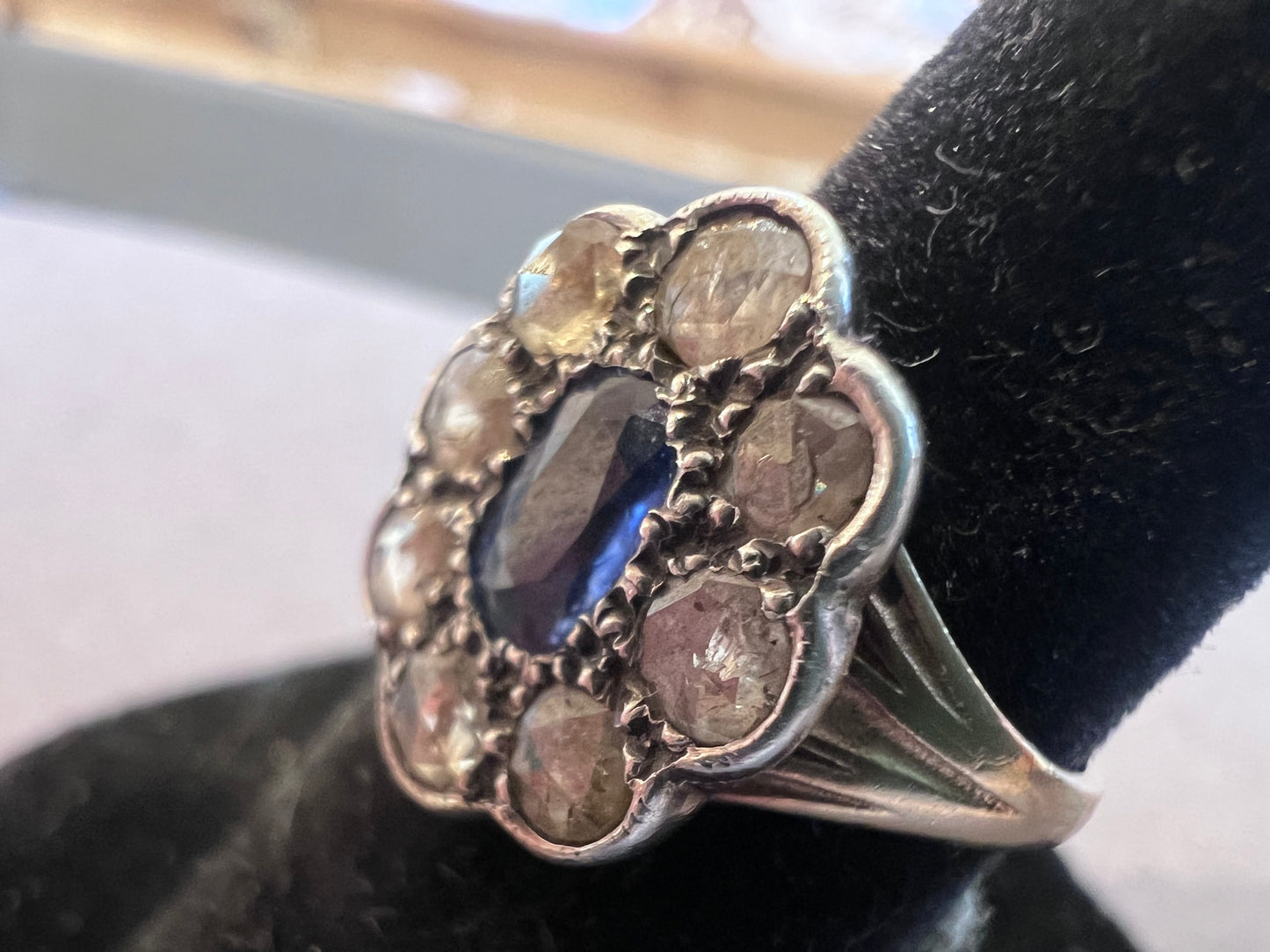 Antique Sapphire and Rose Cut Diamond Flower Ring