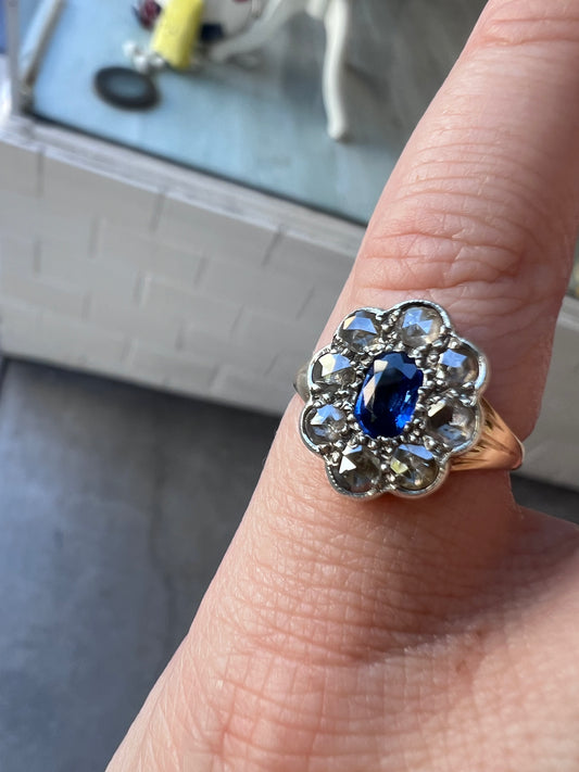 Antique Sapphire and Rose Cut Diamond Flower Ring