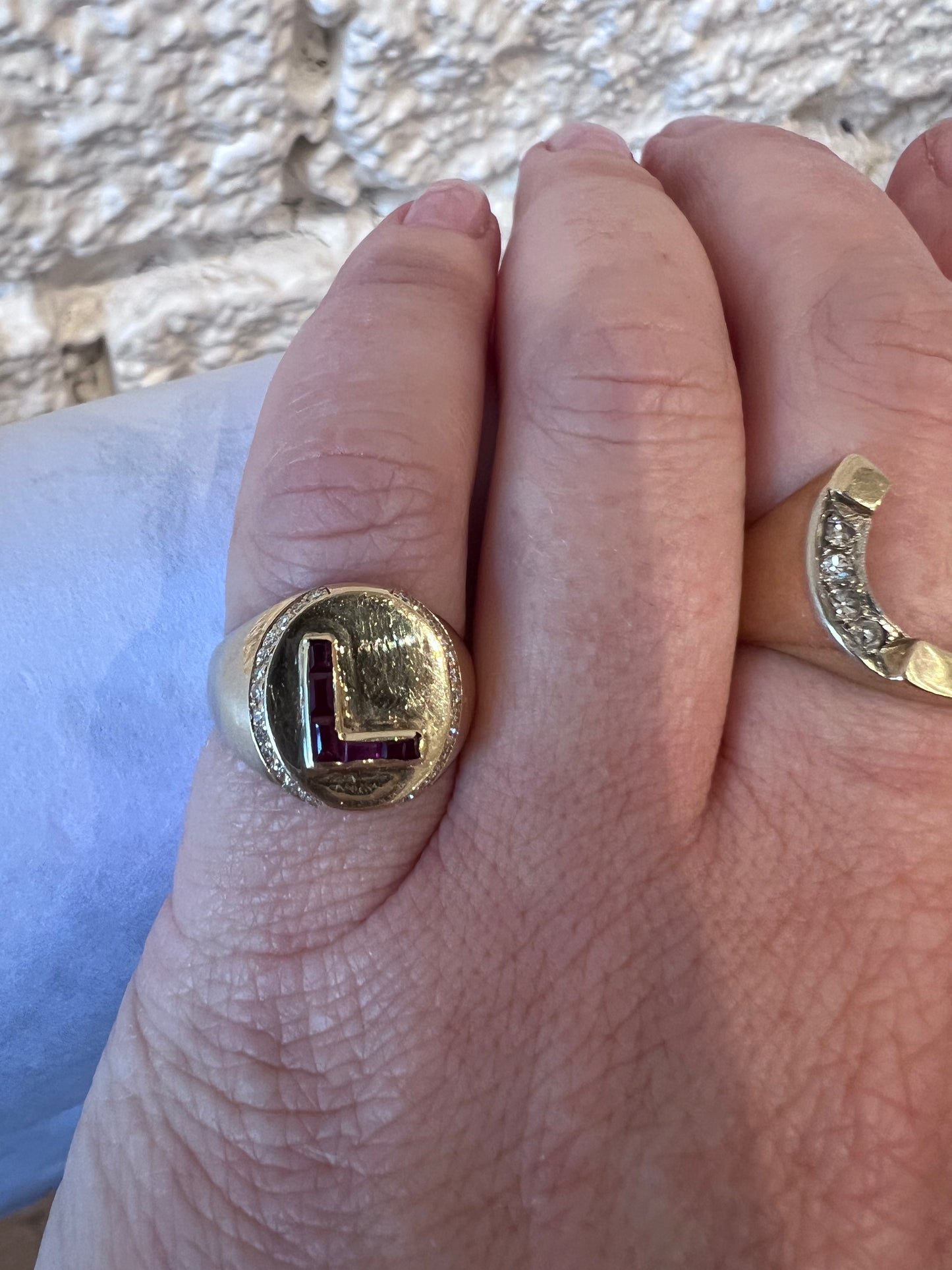 Vintage "L" Monogram Ring with Rubies and Diamonds