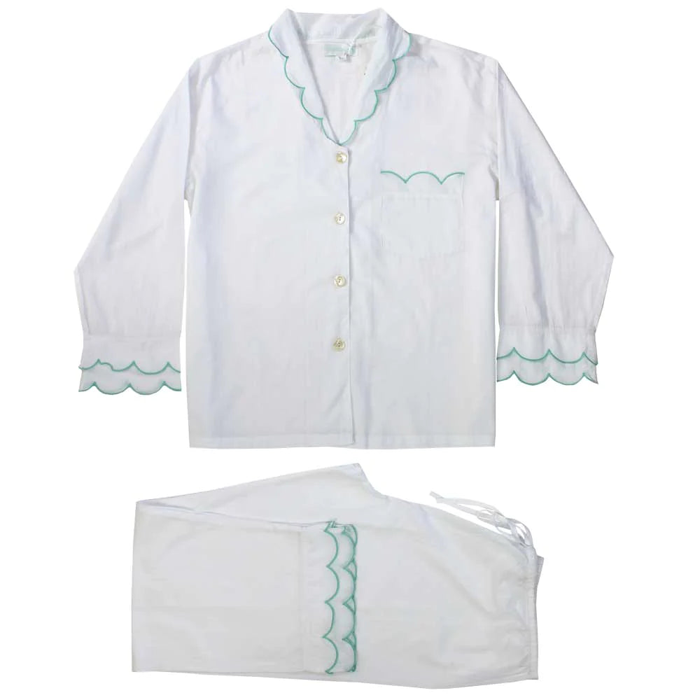 White Pajamas With Mint Scalloped Edge - Powell Craft