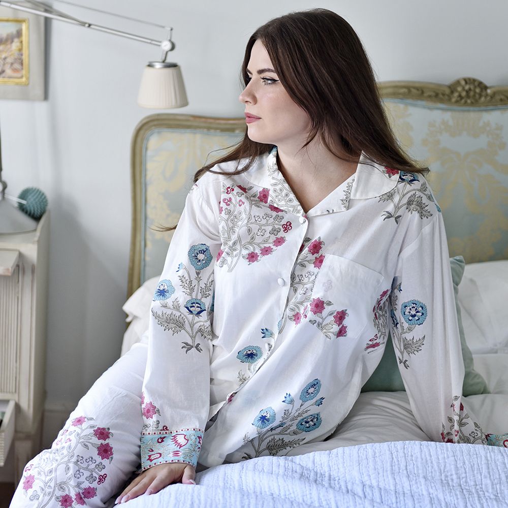 Blue + Pink Floral Block Print Pajamas - Powell Craft