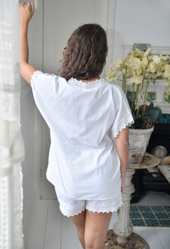 Square Neck, Short Sleeved, White Shortie Pyjama Set - Powell Craft