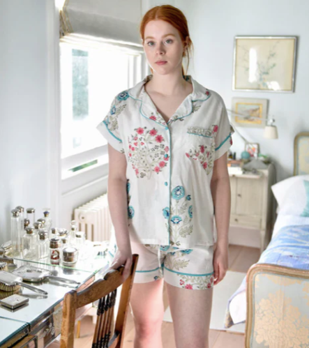 Blue + Pink Floral Block Print Short Pajamas - Powell Craft