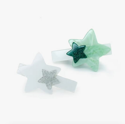 Double Stars Mint+White Alligator Clips - Lilies and Roses