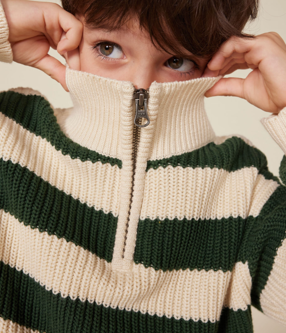 Green Half Zip Striped Sweater - Petit Bateau FW24